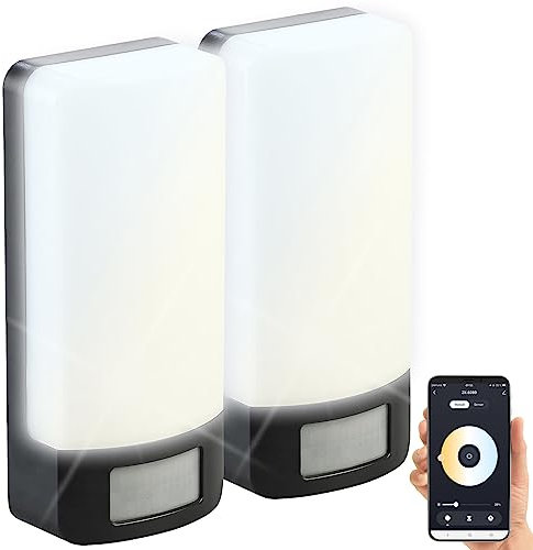 Luminea Home Control WLAN-Außenbeleuchtung: 2er-Set CCT-LED-Außen-Wandleuchten, PIR-Sensor, 10 W, 850lm, IP44, App (Außenleuchte LED Bewegungsmelder, Außenleuchten PIR-Bewegungssensor)