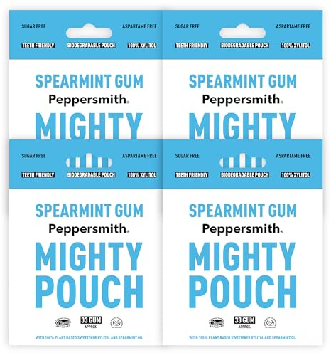 Peppersmith - British Spearmint Gum - 100% Plant Based Xylitol - Breath Freshener - Sugar Free Gum - Benefits Oral Health - Mighty Pouch - Pack of 4