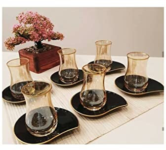 FnnEmg Taza Personalizada Taza de té Turco Plato de Oro Negro de 12 Piezas Taza de té té platillo té té Turco Ruso británico té árabe Taza De Porcelana