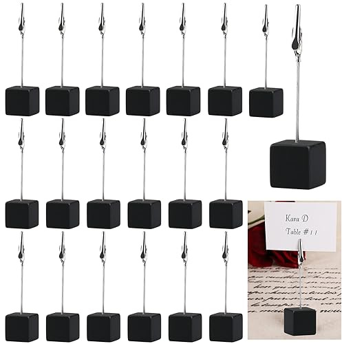 sinzau Memo Holder 20 Pieces, Picture Holder with Clips, Wooden Card Table, Vertical Note Squares, Photo Holder Memo Holder for Photo Office Wedding Party Decoration, Black
