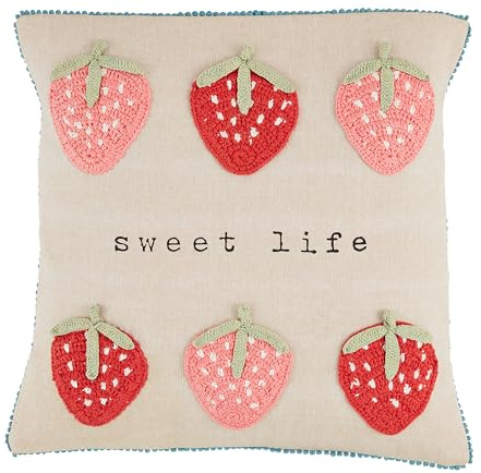 Mud Pie Crochet Strawberry Pillow; 18 x 18