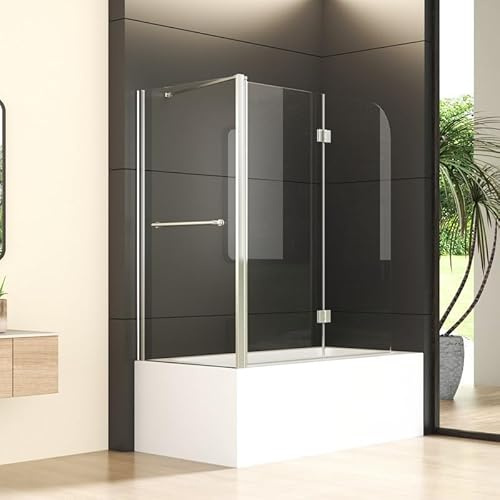 Duschwand für Badewanne mit Seitenwand 75x120x140cm 2-teilig Faltbar Duschabtrennung, Badewannenaufsatz Klappbar Duschtrennwand aus 6mm EGS NANO Glas, Seitenwand mit Handtuchhalter