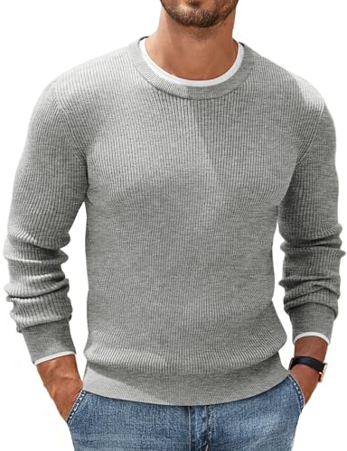 COOFANDY Maglione da Uomo Girocollo Basic a Maniche Lunghe Elegante e Confortevole Maglia a Coste Sottili vestibilità Regolare Uomo Moda Casual Grigiastro M
