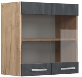Vicco Küchenglasschrank R-Line, Glashängeschrank, Schwarz Beton/Goldkraft Eiche, 60 cm