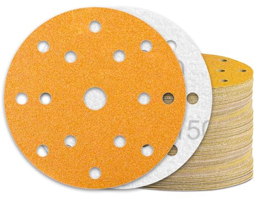 KONGMING 60 Piezas Disco Lija 150 mm Grano 150 15 Agujeros para Lijas para Lijadora Orbital