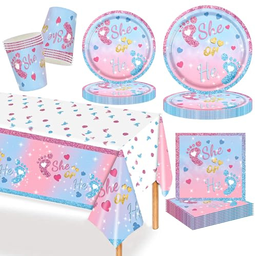 MORAINJAY 69Pcs Baby Gender Reveal Party Decorations, Reveal Birthday Party Tableware Set,Paper Plates,Paper Cups,Napkins,Baby Shower Gender Reveal Party Supplies(16 Guests)
