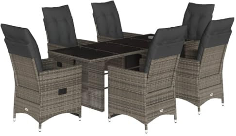 vidaXL Garten Bistroset 7-TLG., Balkonset mit Kissen, Gartenmöbel Tisch 6 Verstellbare Stühle, Balkonmöbel Sitzgruppe Gartengarnitur, Grau Poly Rattan