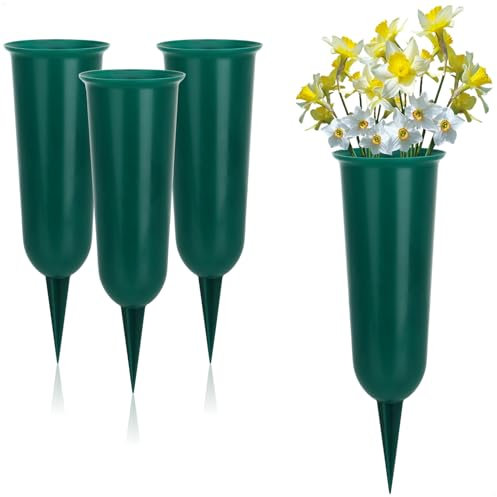com-four® 4X Grabvasen - Wetterfeste Friedhofsvase 27 cm - Vase für Grab mit abnehmbarem Erdspieß - Elegante Steckvase für Grabschmuck und Blumenarrangements