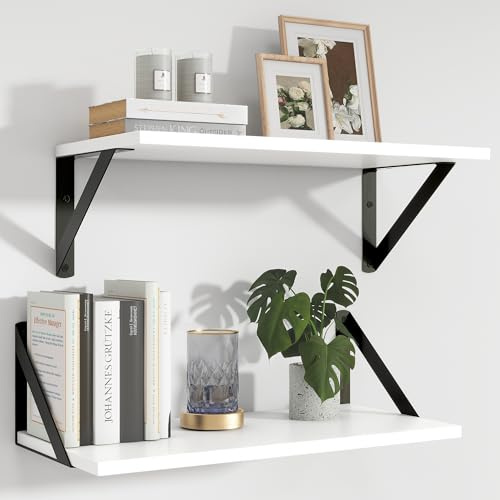 Feihorrm Uppsättning av 2 vägghylla, vägghylla 40 x 20 cm, vägghylla trä, vit hylla med metallhållare, väggbräda för vardagsrum, badrum, kök, arbetsrum, sovrum
