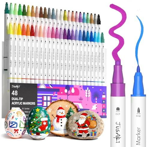 JusArt Marcadores de pintura acrílica de 48 colores, marcadores de doble punta con puntos y punta fina para roca, tela, madera, vidrio, cerámica, lienzo, suministros de arte vibrantes para adultos