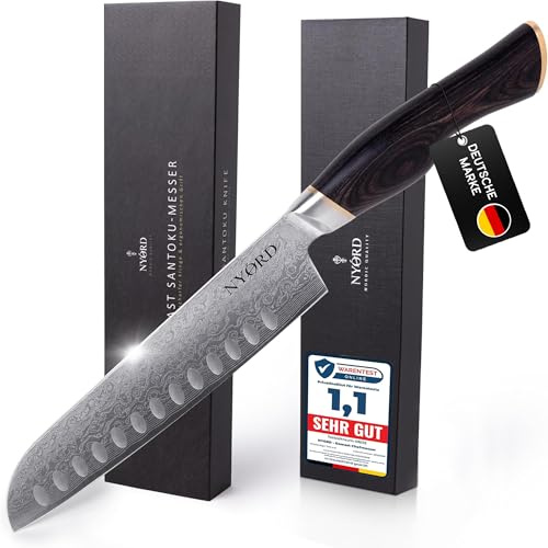 NYORD Damast Santoku Messer – Japanisches Kochmesser mit ultrascharfer Damastklinge, Küchenmesser & Gemüsemesser, ergonomischer Pakkaholz Griff aus 67 Lagen Damaststahl, 18 cm Klingenlänge