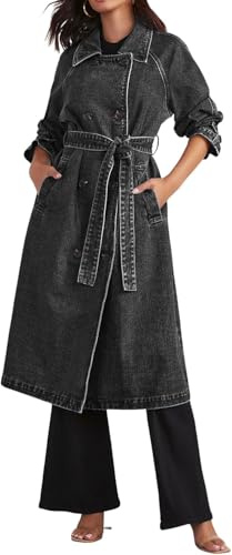 Suncadmious Trench Lungo in Denim Doppiopetto Casual da Donna Trench con Giacca di Jeans con Cappotto spolverino con Cintura