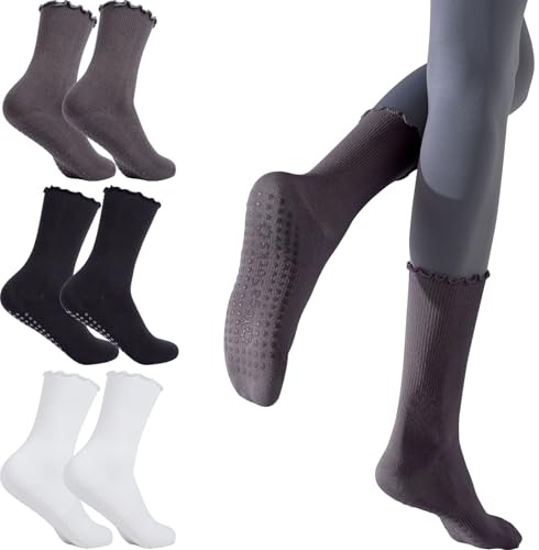 Risipu 3 Paar Pilates Socken mit Griffen Anti-Rutsch-Kräuselung Yoga Socken Grip Socken für Ballett Tanz Barfuß
