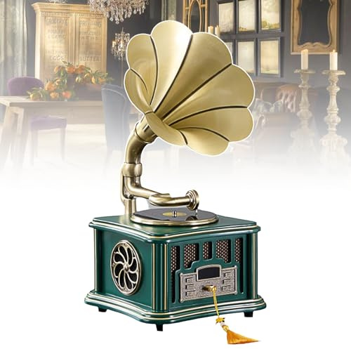 Altoparlante Bluetooth Retrò E Lettore Musicale Con Radio Fm, Forma Di Grammofono, Ornamenti per La Casa in Rame E Legno Massiccio, Supporta L'ingresso Disco U,Green