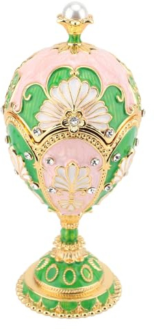 Masyrt Egg Shaped Easter Trinket Box, Hand Painted Alloy with Rhinestones, Hinged Enameled Jewelry Box for Rings and Necklaces, Vintage Style (Green Pink)