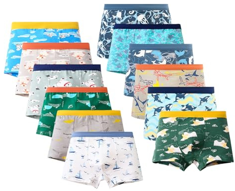 HAGOT 12 Caleçons Coton pour Garçons, sous-Vêtements Doux et Respirants Garcon, Calecon Enfant Culotte Variété, 3-5 Ans