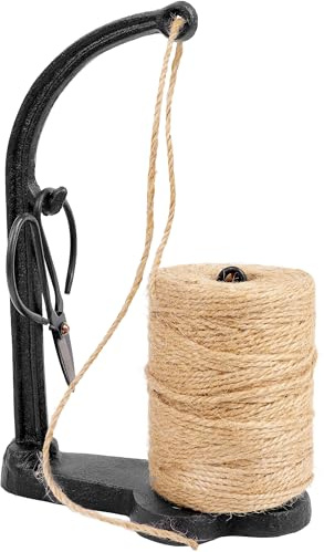 Vintage Style Cast Iron Twine and Shears Set Twine Holder with Scissors and Jute Twine Roll for Crafting, Gardening, Kitchen, Gift Wrapping, Black
