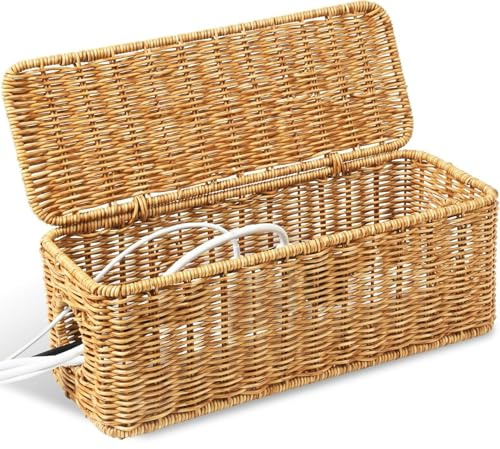 Handmade Cable Management Box Imitation Rattan Cable Organizer Box With Lid 2 Open Slots Under Desk Cable Organiser Box For TV Wires Power Strip Entangle Cover Desk Socket Box For Office Home