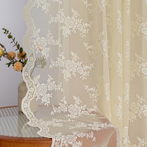 MYSKY HOME Vorhang aus Spitze Blumen Bestickte Spitzengardinen, Vorhänge mit Kräuselband Vintage Gardinen 2er Set, Modern Dekoschal für Wohnzimmer Schlafzimmer, Hellgelb, H 145 x B 140 cm.
