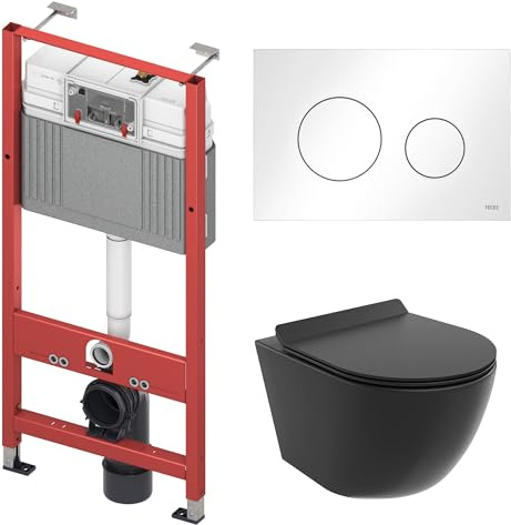 BADLAND WC-Vorwandelement Set TECEbase mit Wand-WC Rolo Schwarz, Schallschutzmatte & Betätigungsplatte Weiß – Komplettset für Trockenbau & Vorwandinstallation