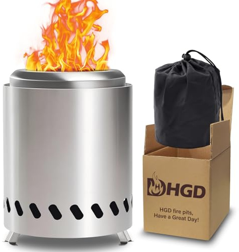 HGD 24,4 x 18 cm kleine Tisch-Feuerstelle, tragbare Mini-Feuerstelle, rauchfreie Tisch-Feuerstelle, raucharmer Campingkocher für Outdoor & Terrasse, mit Pellets oder Holz, mit Reisetasche, Edelstahl