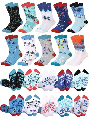 Maiteenly 10 Pairs Funny Ski Crew Socks for Women Adults - Novelty Snow Skiing Casual Socks Bulk Ski Accessories Gift for Women Men Skiers Snowboarding Lover