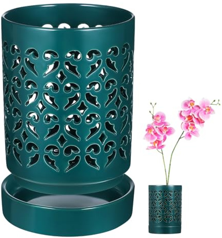 CLISPEED Ceramic Orchid Pot with Hollow Out Pattern Planter for Indoor Plants with Drainage Holes and Saucer Cylinder Gardening Pot for Healthy Root Growth 5.51X4.13X4.13In