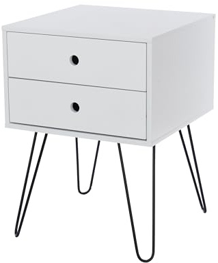 2 Drawer Bedside Cabinet with White Finish and Black Metal Hairpin Legs Compact Storage Unit
