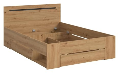 Homes & Jones Bett Sova 140x200, Modernes Bett in Eiche-Optik mit Schubladen & Fächern, Stauraumbett für kleine Räume, robust, pflegeleicht & stilvoll