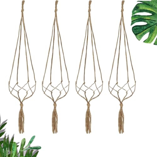 KASESSS 4er Set HäNgend Makramee Blumenampel, Boho Style Juteseil Blumenampel Makramee, Zimmer Deko Aesthetic Handgefertigt Gewebt PflanzenhäNger, HäNgeblumentopf FüR Innen AußEn Garten Balkon Deko