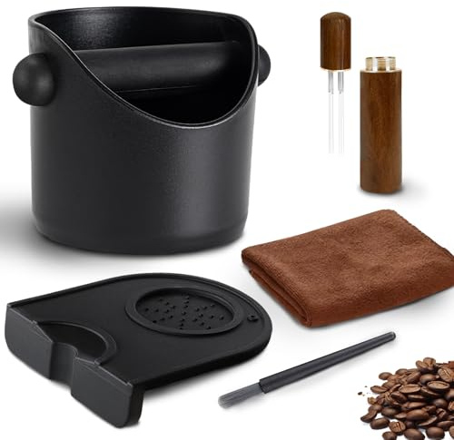 Espresso Coffee Knock Box with Cleaning Brush, Barista Coffee Grounds Container, Non-Slip Base, Removable Knock Bar & Stirring Needle, Small Coffee Machine Accessories