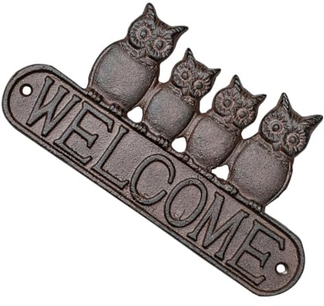 HEMOTON Letrero De Bienvenida De Hierro Fundido Diseño De Búho Para Puerta De Entrada, Decoración Vintage Para Exteriores y Porche, Colgante Resistente Para Hogar y Jardín