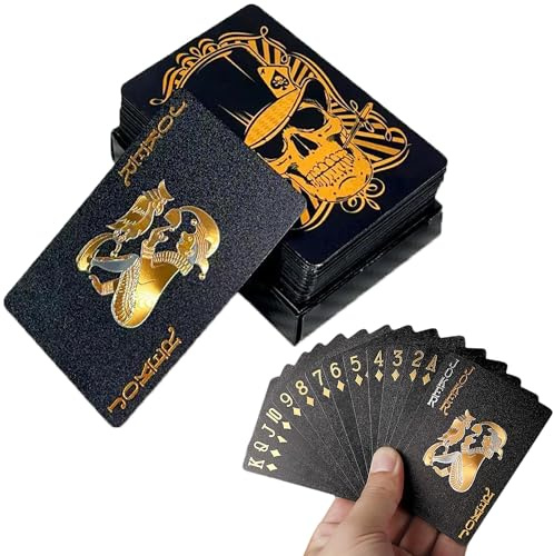 syiyunran Kortspel pokerkortspel pokerkort, kortspel – svart och guld, 1 däck, storlek 5,7 x 8,7 cm, dödskalle, spelkort, PET plast, spelkort, vattentät, hållbar