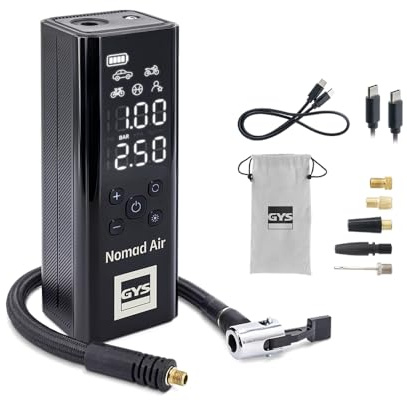 GYS, Nomad AIR, compresseur portatif Ultra-Compact, 10 Bars, 3 en 1 : Compresseur + Power Bank + Lampe pour Ballon, vélo, Moto, Voiture