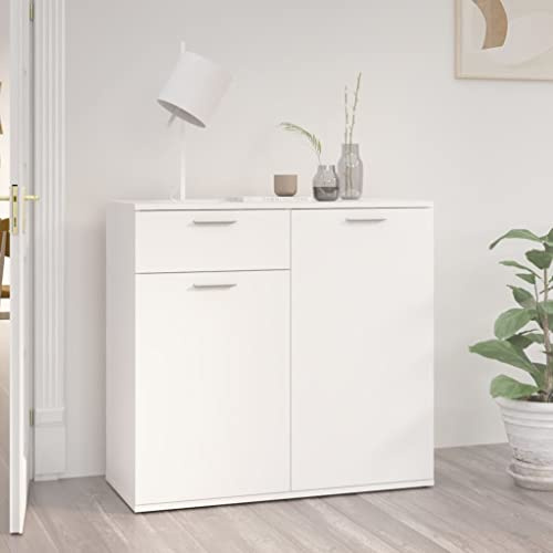 Mokuyary White Plywood Sideboard 80 x 36 x 75 cm Kitchen Sideboard, Kitchen Cabinet with Doors with Drawer, Storage Cabinet for Dining Room