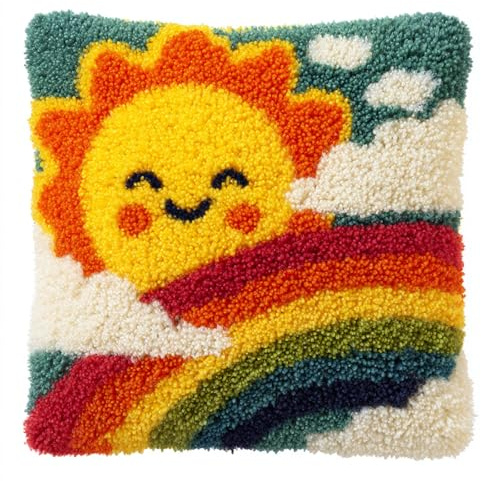AxiangziK Knüpfhaken Set Für Kinder Und Erwachsene,Cartoon-Regenbogen und Sonne,Kissen Knüpf-Sets Kreativ Für Erwachsene Latch Hook Kit Geschenke,17x17in