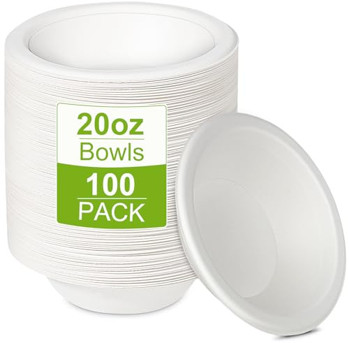 100 Pack Paper Disposable Bowls 20oz White Rigid Biodegradable Big Dishes | Eco-Friendly, Sugarcane Rigid White Bowls Biodegradable Soup Compostable Microwavable Bowl for Party BBQ Picnic