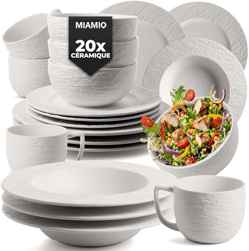 MIAMIO – Juego de vajilla de 16 piezas/Vajilla moderna de cerámica/Vajilla/Juego para 4 personas - Colección Oasis (Blanco, 20x) | Vajilla moderna de gres, platos grandes, pequeños y profundos, cuencos y tazas, vajilla de cerámica, apto para lavavajillas