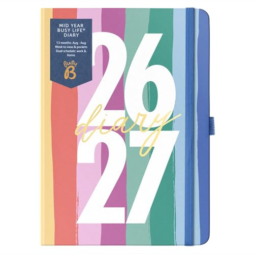 Busy B - Busy Life A5 Akademischer Wochenplaner Aug.2026/Aug.2027-12 Monate Studienplaner mit dualen Terminplanen, Jahreskalender, Stiftschlaufe & Gummibandverschluss - Multi Streifen