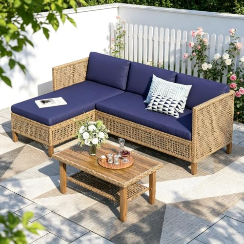 PHI VILLA Rattan Gartenmöbel Set Balkonmöbel für 4, Lounge Möbel Outdoor Gartenlounge Terassenmöbel Gartensofa mit 1 Chaiselongue, 1 Zweisitzer-Sofa und 1 Couchtisch, Marineblau