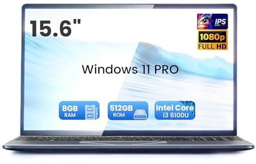 15,6 Ordenador Portátil FHD IPS con procesador core i3 6100, 8GB RAM 512GB SSD, Win11 Pro PC Portátil con teclado retroiluminado y reconocimiento de huellas, Laptop 2*USB3.0, HDMI, Wi-FI5, BT, Webcan