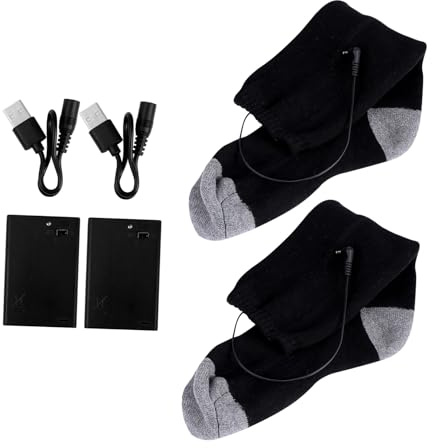 HOMOBABE Calcetines Calefactores Eléctricos de Invierno 1 Par de Calcetines de Poliéster Negro y Gris, 2 Cajas de Batería Recargables USB y 2 Cables para Esquí, Senderismo y Deportes