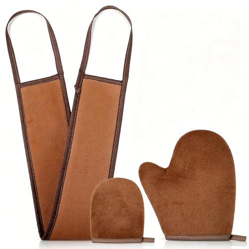 Wanmu 3 Pcs Self Tanning Mitt Applicator Kit Double-Sided Self Tanner Back Applicator, Soft Self Tanning Mitt Glove, Washable Mini Face Tanner Mitt for Women Girl Men Flawless Tan (Brown)