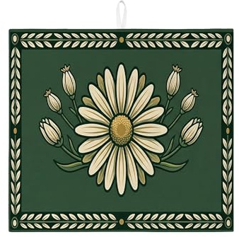 Tapetes de secado de platos florales vintage para encimera de cocina, tapete absorbente de crisantemo verde, almohadilla de secado de microfibra rústica para protector de encimera de cocina, 16 x 18