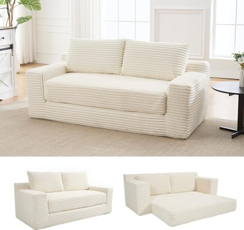 ECLIVON Sofá Cama Plegable con Respaldo y Almohada, Sofás Sin Estructura con Cojines y Reposabrazos, Sofá Matrimonio Convertible para Salón Dormitorio, Sofás Modular, Pana (Blanco)