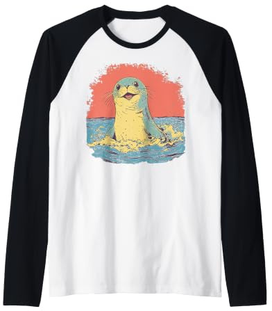 Happy Seal Surfing Waves Vintage Ocean Life Graphic Raglan Baseball Tee