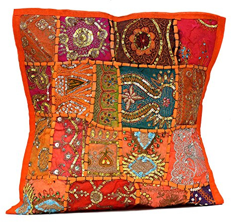 Sophia Art Housse de coussin de sol brodée ethnique indienne à paillettes Patchwork Orange