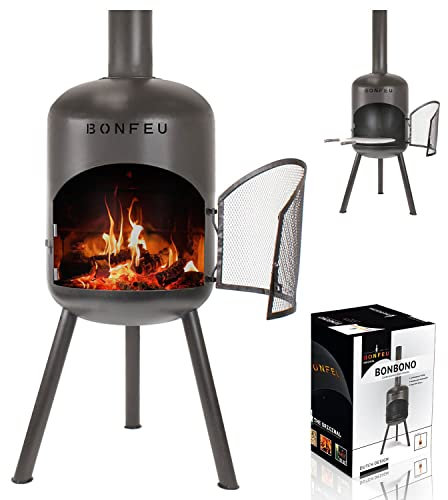BonFeu BonBono Schwarz - Terrassenofen - Feuerstelle mit Funkenschutz für entspannte Abende - Feuersäule Outdoor - Terrassenkamin mit Grillrost - Gartenofen aus hochwertigem Cortenstahl - 45x45x165cm