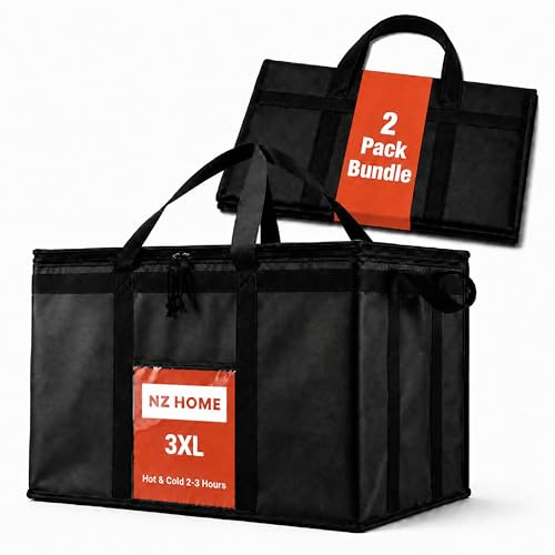 NZ home PRO hållbar isolerad kylväska (42 L, XXL, 1-pack) för matleverans och livsmedel shopping med dragkedja topp, svart kommersiell kvalitet
