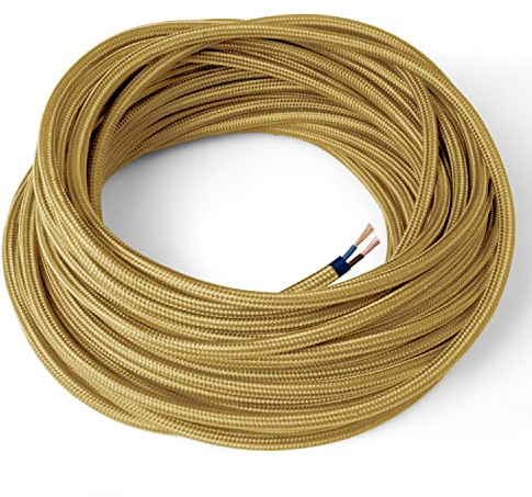 Amarcords - Câble électrique textile couleur OR, rond, soie, 5 mètres, à 2 brins 2x0,75 - Fil vintage en tissu coloré, pour lampes, lustres, appliques et abat-jours.